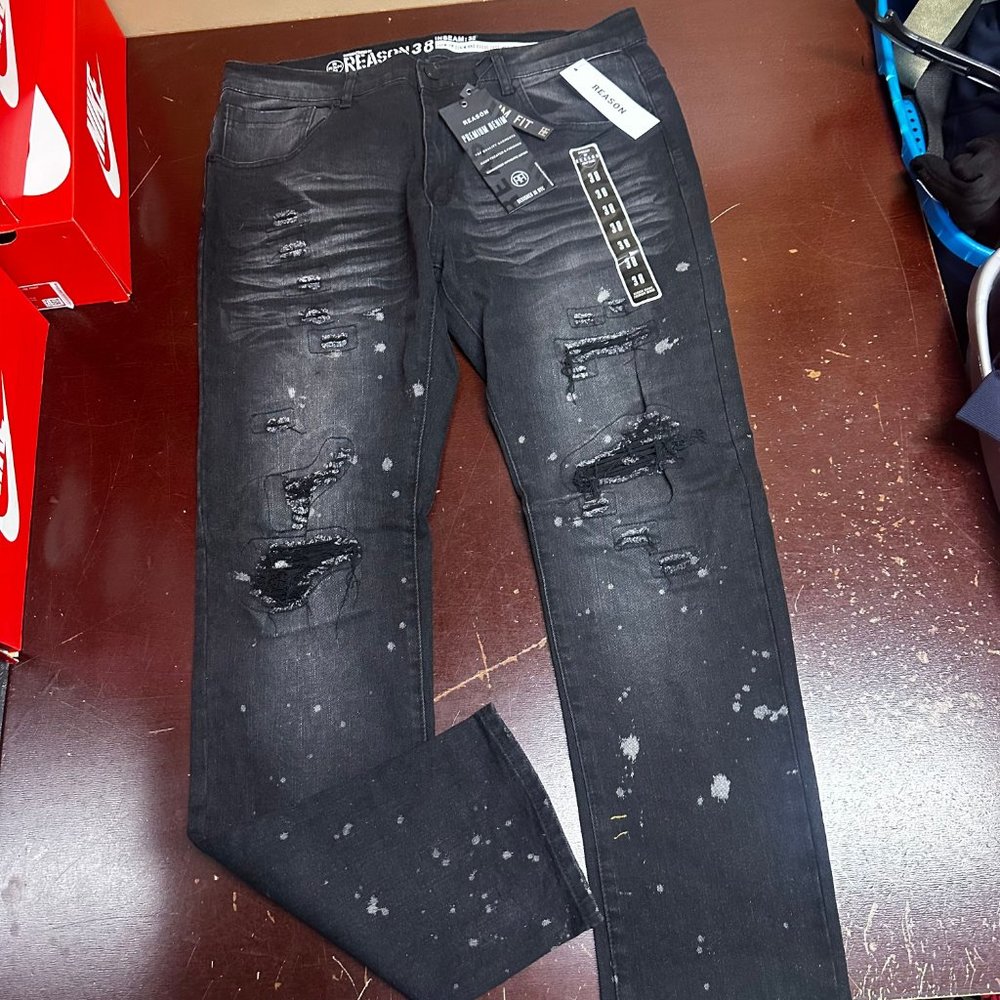Reason Mens Black Distressed 5 Pocket Design Denim Slim Straight Jeans Size 38